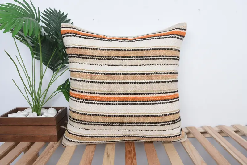Throw Kilim Pillow, Turkish Corner Cushion Case, 24x24 Orange Cushion Case, Kilim Pillow Cover, Cushion, Boho Throw Cushion Case, Boho Pillow - 1