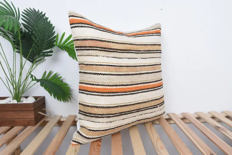 Throw Kilim Pillow, Turkish Corner Cushion Case, 24x24 Orange Cushion Case, Kilim Pillow Cover, Cushion, Boho Throw Cushion Case, Boho Pillow - 4