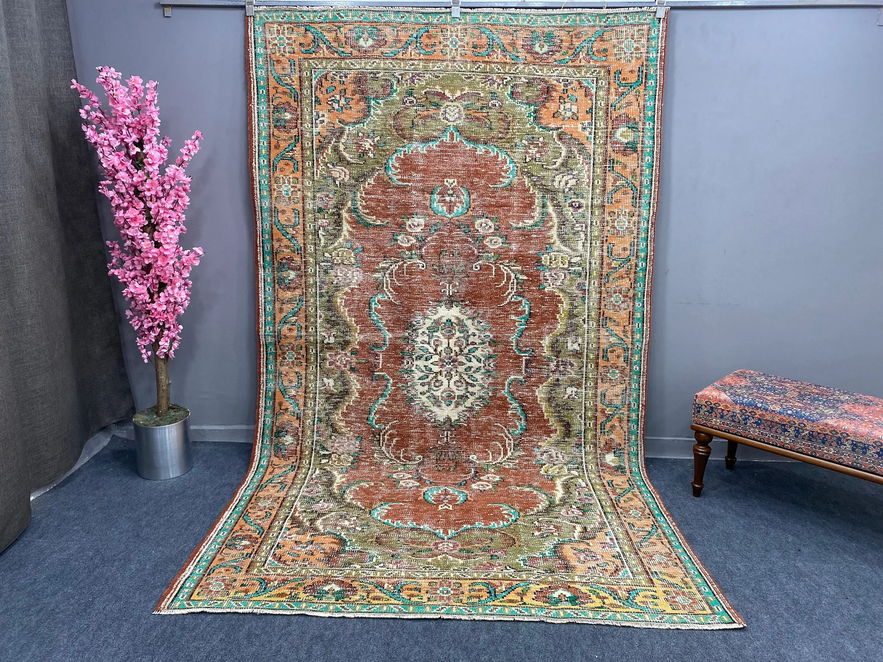 Turkish 5.8x9.9 ft Rug, Large Vintage Rug, Brown Blue Oriental Wool Rug - 1