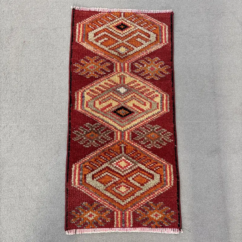 1.3x2.8 ft Eski Türk Halısı, Küçük Halı, Kırmızı Oushak Çiçekli Halı - 1