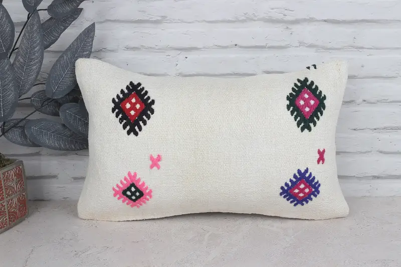 Boho Pillow, 12x20 White Cushion, Ethnic Pillow Sham, Cushion Cover, Outdoor Throw Pillow Sham, Pillow for Couch, Home Decor Pillow - 1