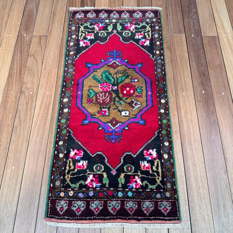 Turkish Vintage Small Rug 1.9x4 ft (57x122 cm), Red Animal Print Oushak Rug - 1