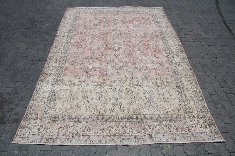 Vintage 7.1x10.2 ft Halı, Büyük Boy Türk Halısı, Pembe Gri Düz Halı - 1