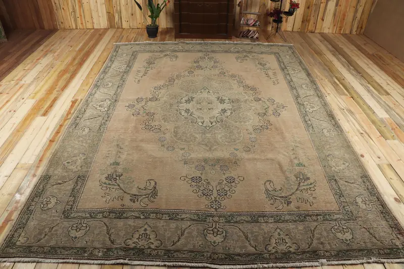 Vintage Rug, 9.5x13.1 ft Oversize Rug, Brown Blue Oushak Wool Rug - 1
