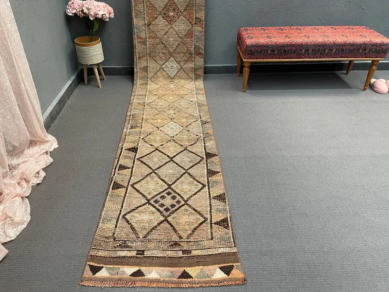 Vintage Runner Rug 2.1x12 ft, Brown Black Floral Rug Wool - 1