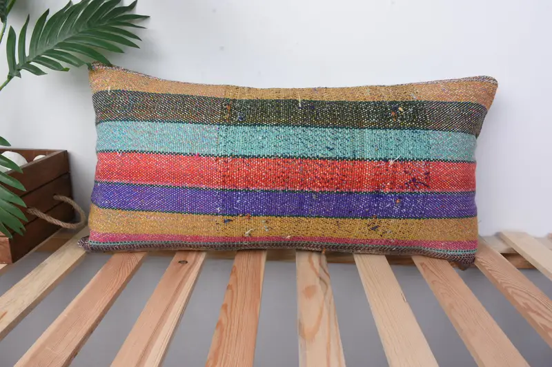 Kilim Cushion Sham, Accent Cushion Case, Colorful Cushion Case, Pillow for Sofa, 12x24 Blue Cushion Cover, Pillow Sham, Turkish Pillow - 1