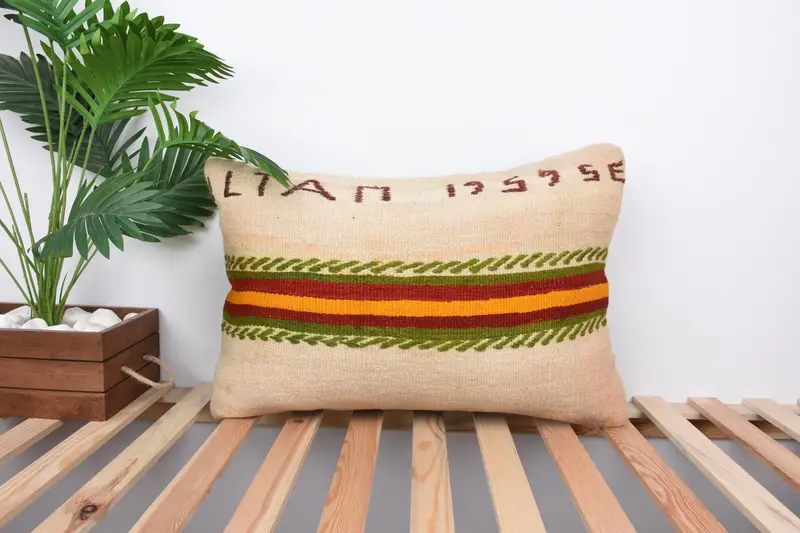 Pillow Case, Handwoven Pillow, Turkish Pillow, Turkish Kilim Pillow, Vintage Kilim Throw Pillow, Outdoor Patio Pillow Sham, 16x24 Beige Cushion - 1