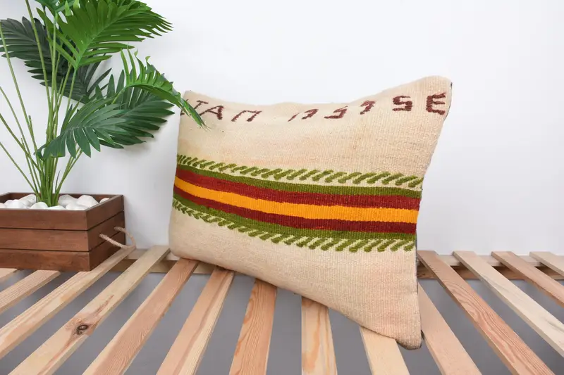 Pillow Case, Handwoven Pillow, Turkish Pillow, Turkish Kilim Pillow, Vintage Kilim Throw Pillow, Outdoor Patio Pillow Sham, 16x24 Beige Cushion - 5
