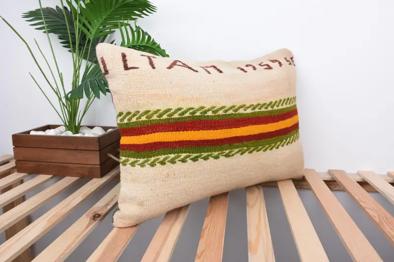 Pillow Case, Handwoven Pillow, Turkish Pillow, Turkish Kilim Pillow, Vintage Kilim Throw Pillow, Outdoor Patio Pillow Sham, 16x24 Beige Cushion - 4