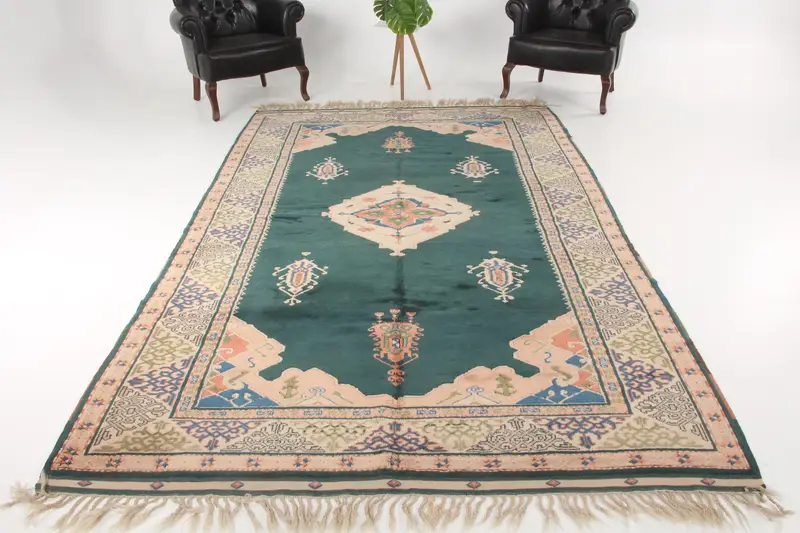 6.5x10.5 ft Turkish Large Rug, Green Blue Vintage Southwestern Wool Rug - 1