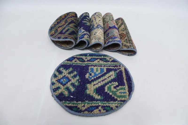 Manteles individuales bohemios circulares en azul y beige, manteles individuales bohemios de algodón y lana