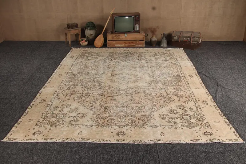 Alfombra Oushak turca vintage de 10 x 12,7 pies, alfombra marrón de lana maciza de gran tamaño - 1