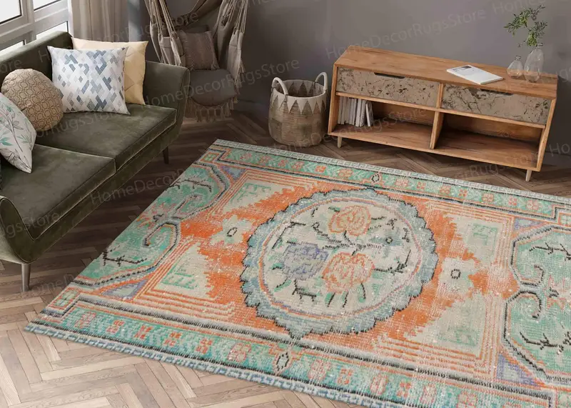 Soluk Etnik Desen Baskılı Halı, Yumuşak Turuncu ve Yeşil