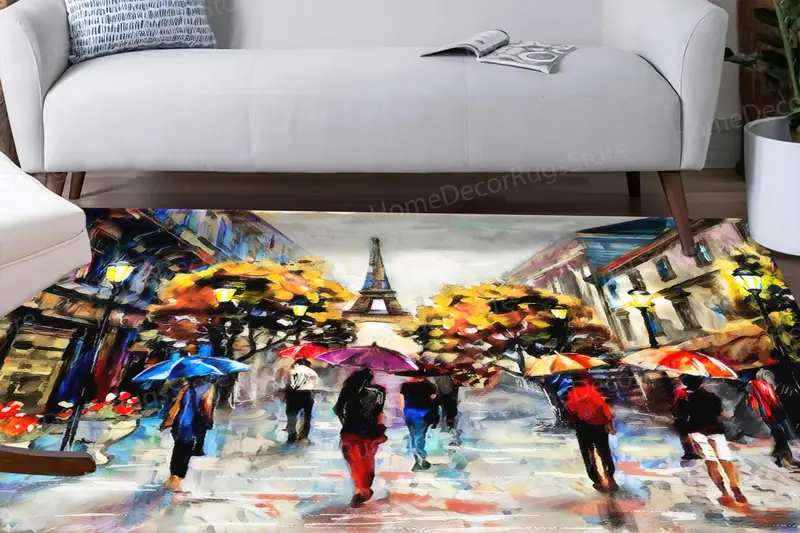 Bedruckter Pariser Regentag-Teppich: Eiffelturm- und Regenschirm-Design