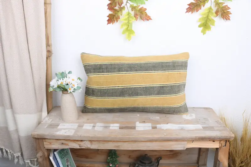 Turkish Kilim Pillow, 12x20 Yellow Cushion Cover, Decorative Throw Pillow Sham, Throw Kilim Pillow, Pillow Case, Vintage Pillow - 1