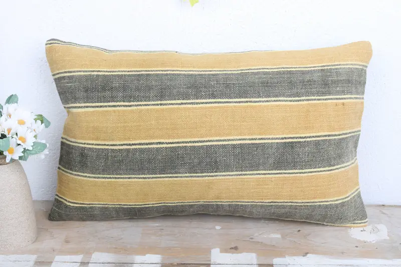 Turkish Kilim Pillow, 12x20 Yellow Cushion Cover, Decorative Throw Pillow Sham, Throw Kilim Pillow, Pillow Case, Vintage Pillow - 2