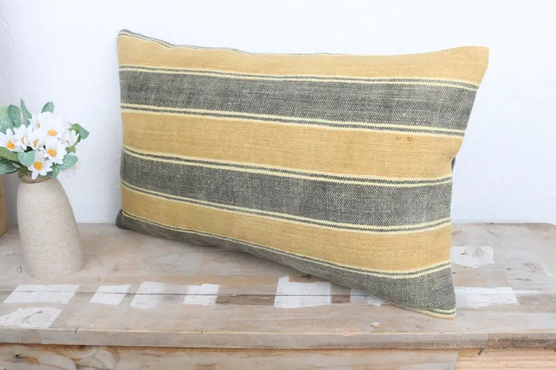 Turkish Kilim Pillow, 12x20 Yellow Cushion Cover, Decorative Throw Pillow Sham, Throw Kilim Pillow, Pillow Case, Vintage Pillow - 4