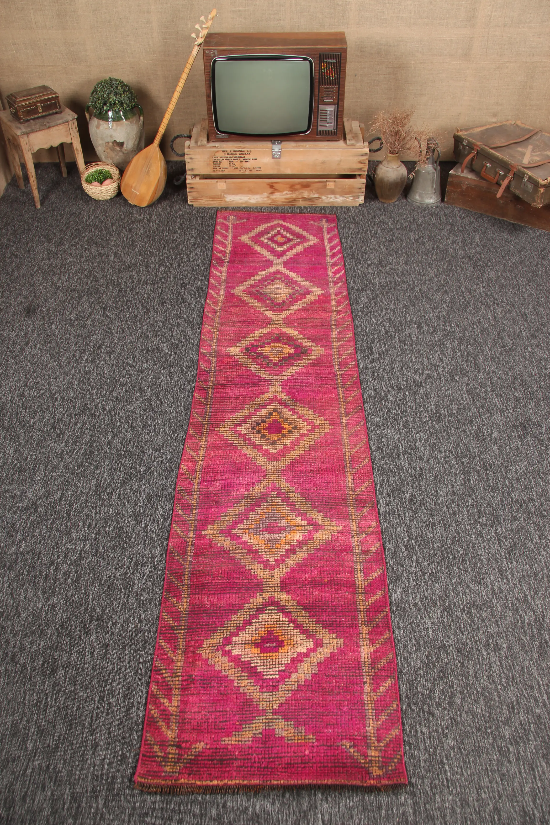 2.3x9.6 ft Vintage Small Rug, Turkish Pink Geometric Rug - 1