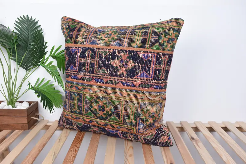 Boho Pillow, Handmade Cushion Cover, Throw Kilim Pillow, Cushion, Bohemian Cushion Cushion Case, Vintage Kilim Throw Pillow, 28x28 Blue Pillow Cover - 5