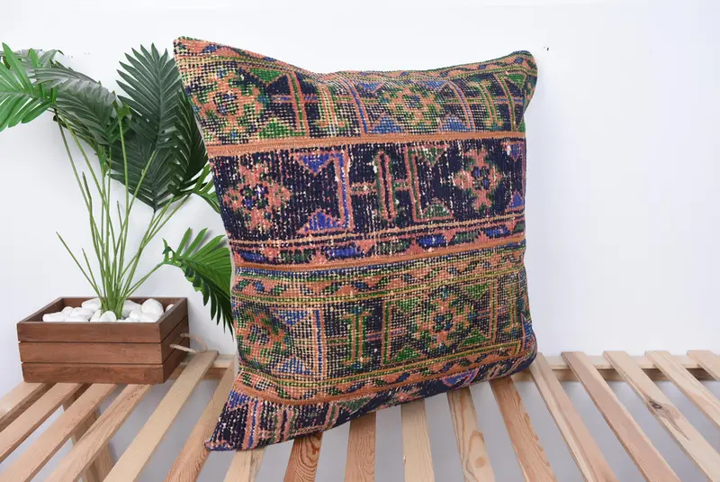 Boho Pillow, Handmade Cushion Cover, Throw Kilim Pillow, Cushion, Bohemian Cushion Cushion Case, Vintage Kilim Throw Pillow, 28x28 Blue Pillow Cover - 4