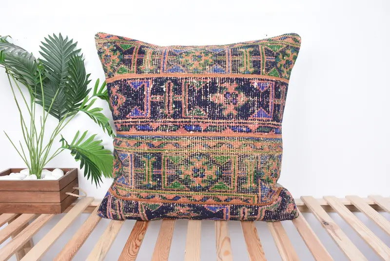 Boho Pillow, Handmade Cushion Cover, Throw Kilim Pillow, Cushion, Bohemian Cushion Cushion Case, Vintage Kilim Throw Pillow, 28x28 Blue Pillow Cover - 1