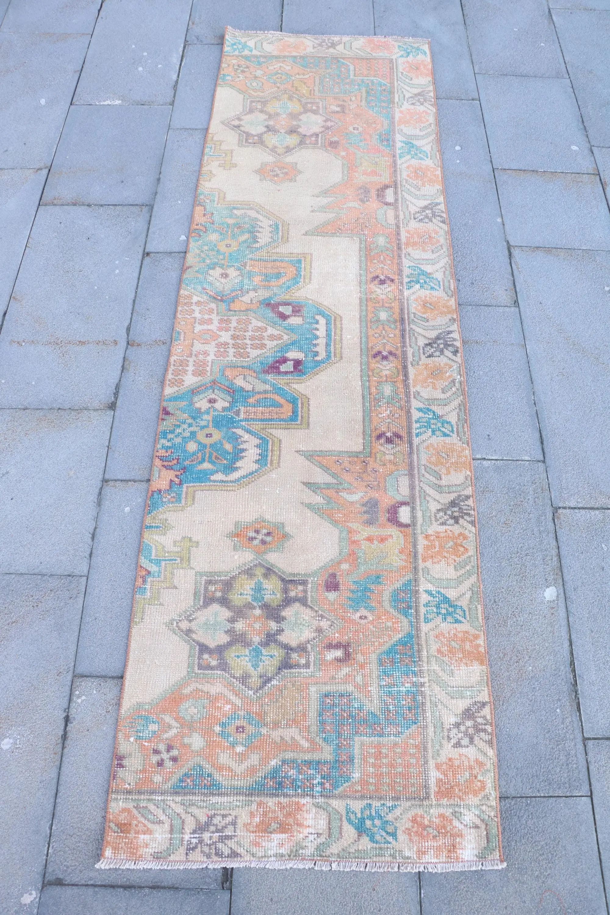 Vintage Runner Rug, 2.1x7.5 ft Turkish Rug, Orange Ombré Wool Rug - 1