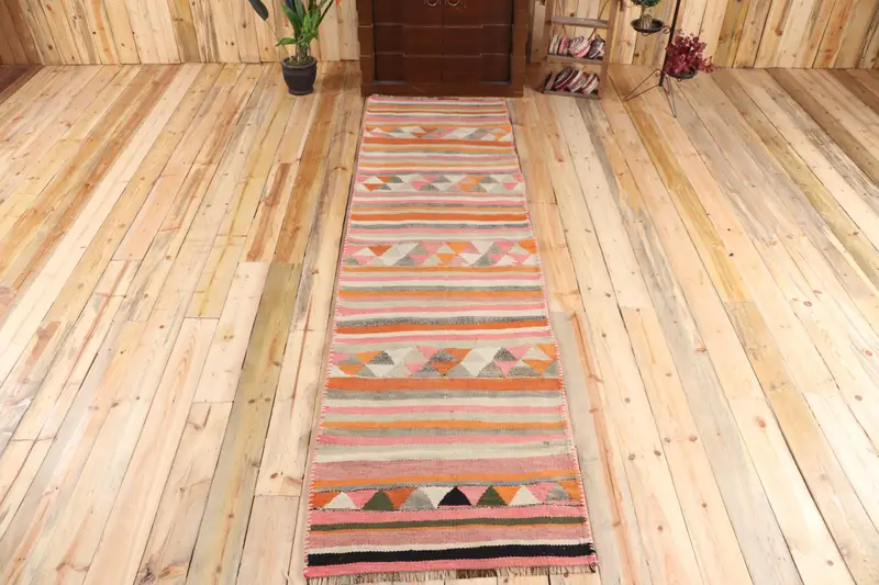 Kilim Rug, 2.7x10 ft Vintage Rug, Pink Polka dot Rug Wool - 1