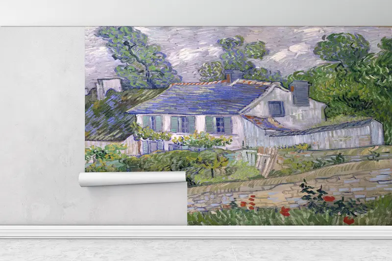 3d Wall Paper, Vincent Van Gogh Wall Painting, Custom Wall Paper, Wall Paper Peel and Stick, Houses at Auvers, Nature Landscape Wall Decor, - 1