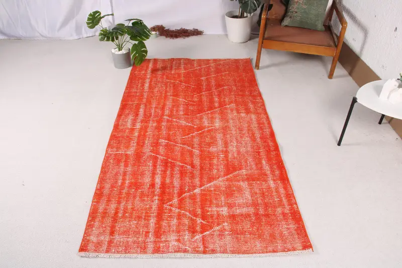 3.5x6.5 ft Halı, Türk Oushak Halısı, Vintage Turuncu Yün Çiçekli Halı - 1
