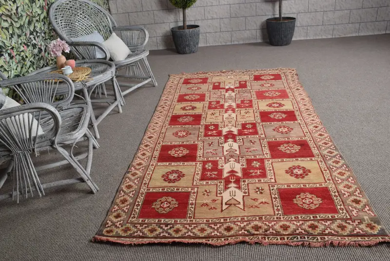 Turkish Vintage Rug, 4.3x8.3 ft Oushak Rug, Red Ombré Wool Rug - 1