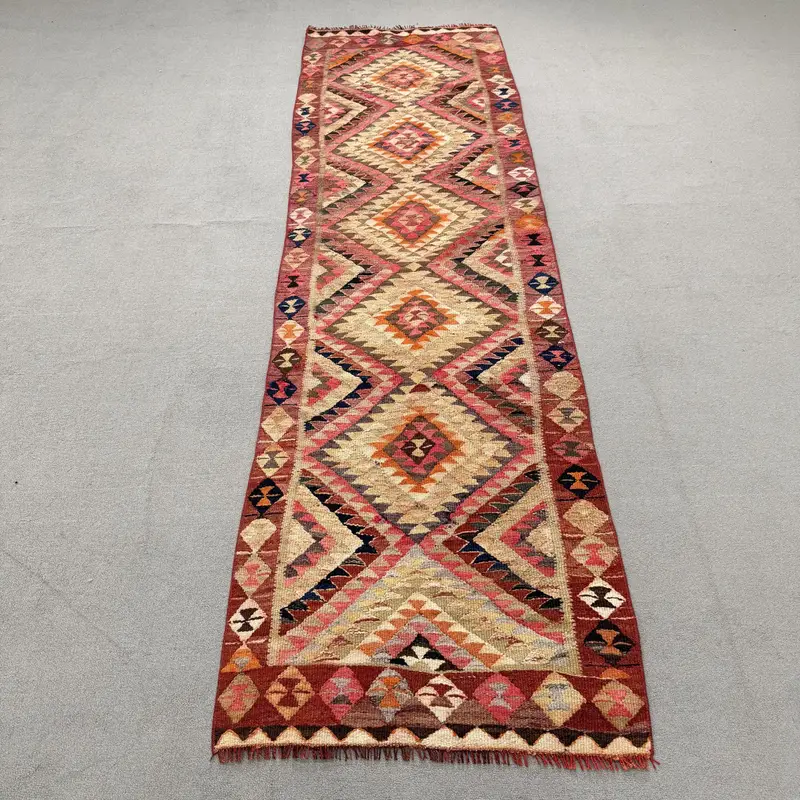 2.5x8.9 ft Turkish Vintage Rug, Runner Rug, Red Kilim Plants & trees Rug - 1