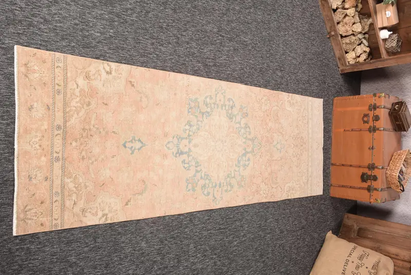 Vintage Oushak Runner Rug 3x9 ft (91x273 cm), Turkish Pink Floral Wool Rug - 1