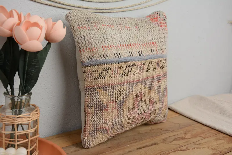 Pillow Case, Kilim Pillow Cover, 14x14 Beige Cushion Cover, Vintage Kilim Throw Pillow, Outdoor Bolster Pillow Cover, Kilim Cushion Sham - 1