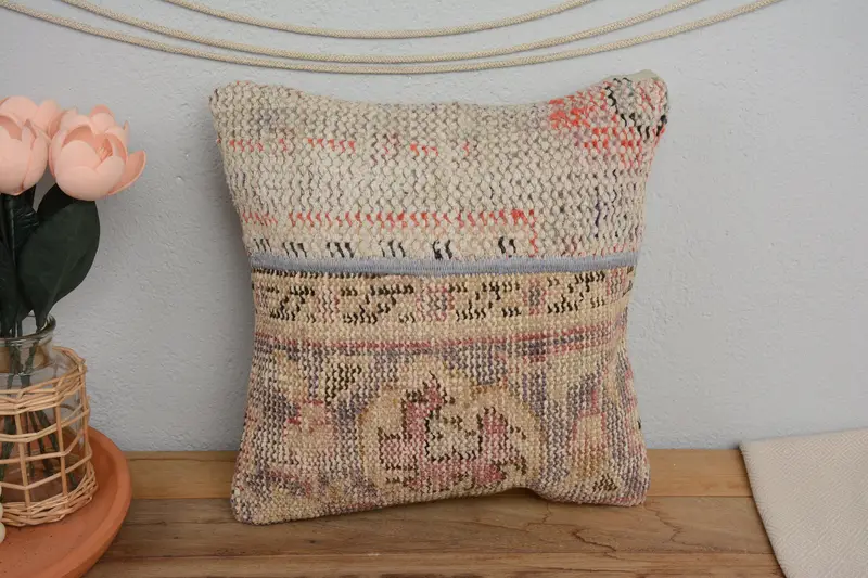 Pillow Case, Kilim Pillow Cover, 14x14 Beige Cushion Cover, Vintage Kilim Throw Pillow, Outdoor Bolster Pillow Cover, Kilim Cushion Sham - 2
