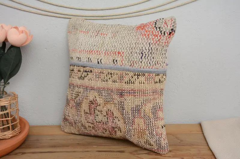 Pillow Case, Kilim Pillow Cover, 14x14 Beige Cushion Cover, Vintage Kilim Throw Pillow, Outdoor Bolster Pillow Cover, Kilim Cushion Sham - 4
