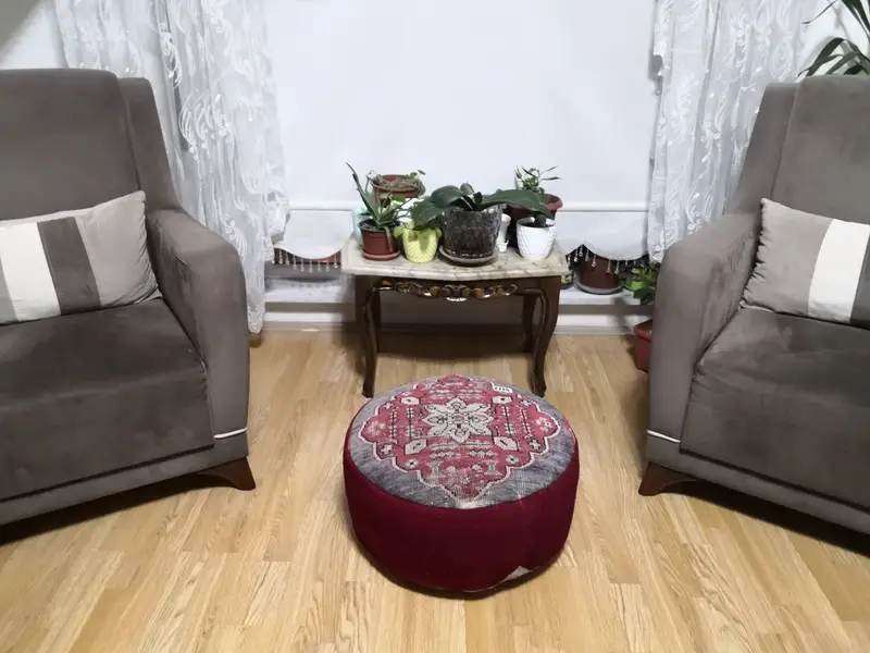 Rectangular Kilim-Inspired Pouf, Handmade Wool Ottoman Pouf