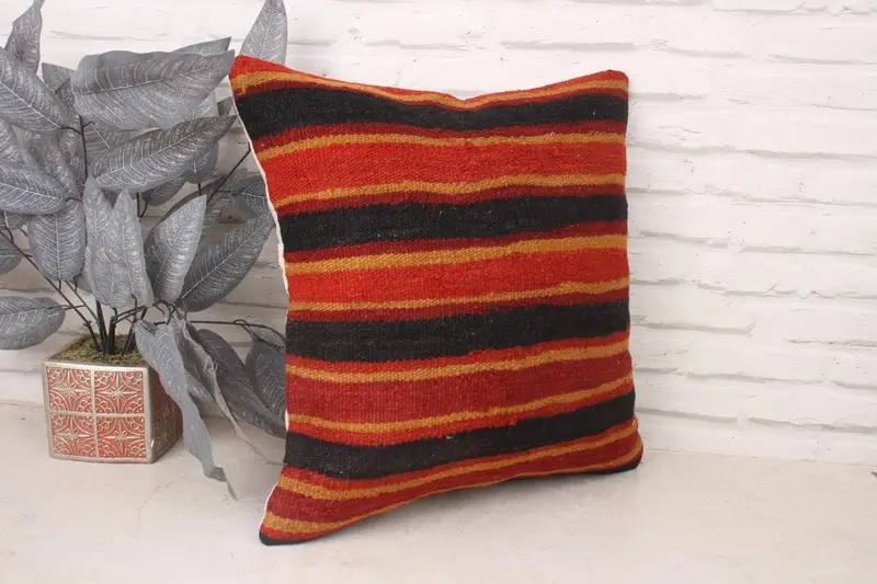 Shabby Chic Pillow Case, 18x18 Red Cushion, Ethnical Kilim Rug Pillow, Pillow, Ikat Cushion Cover, Antique Pillows, Vintage Kilim Throw Pillow - 3