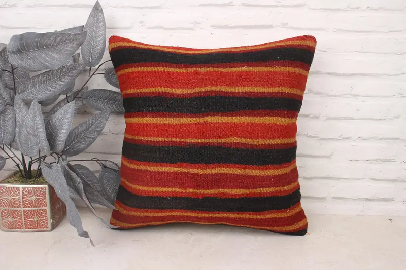 Shabby Chic Pillow Case, 18x18 Red Cushion, Ethnical Kilim Rug Pillow, Pillow, Ikat Cushion Cover, Antique Pillows, Vintage Kilim Throw Pillow - 1