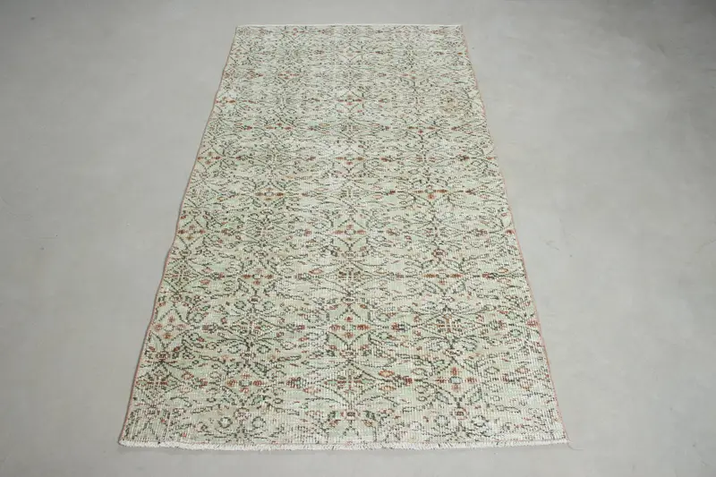 3.4x6.6 ft Halı, Vintage Türk Halısı, Yeşil Kahverengi Ombré Yün Halı - 1