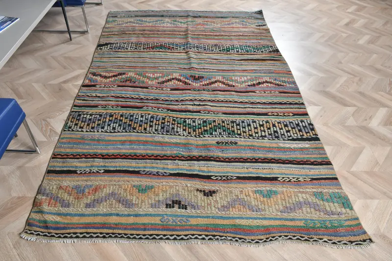 Türk Büyük Halı 5.3x8.3 ft, Mavi Güneybatı Vintage Yün Halı - 1