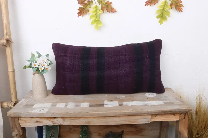 Kilim Pillow, Cushion Case, Wool Kilim Pillow Pillow Case, 12x24 Purple Cushion, Turkish Kilim Pillow, Pillow for Sofa, Turkish Corner Pillow Cover - 1