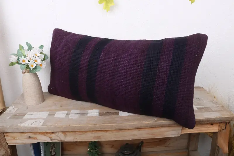 Kilim Pillow, Cushion Case, Wool Kilim Pillow Pillow Case, 12x24 Purple Cushion, Turkish Kilim Pillow, Pillow for Sofa, Turkish Corner Pillow Cover - 4