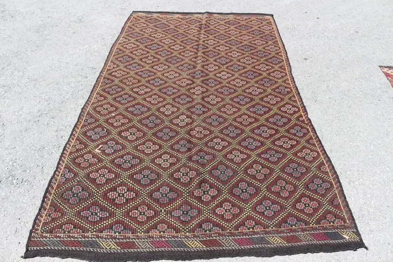 Vintage 5.1x8.6 ft Halı, Kilim Türk Halısı, Kırmızı Kareli Halı - 1