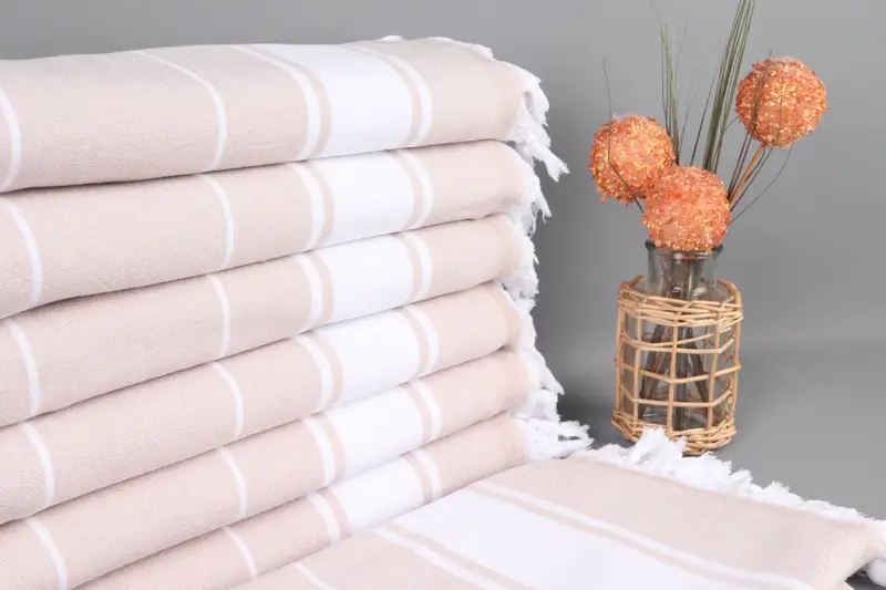 Organic Beach Towel Beige Striped Terry, 36x63 Inches