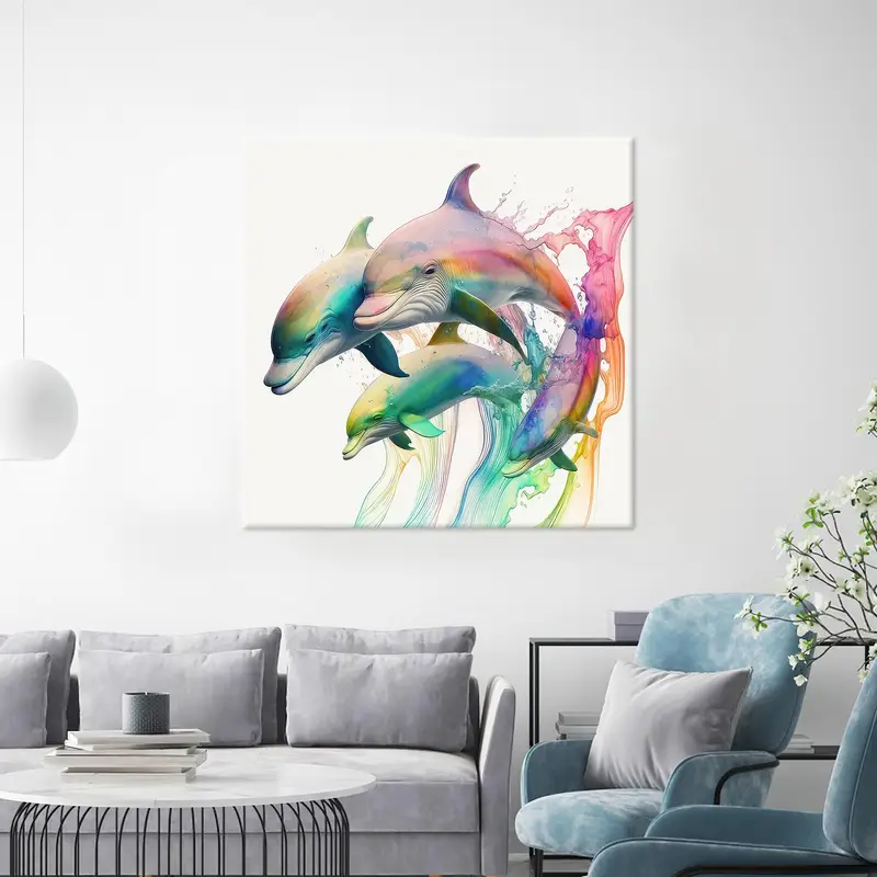 Moderne, trendige Leinwand: Bunter süßer Delfindruck