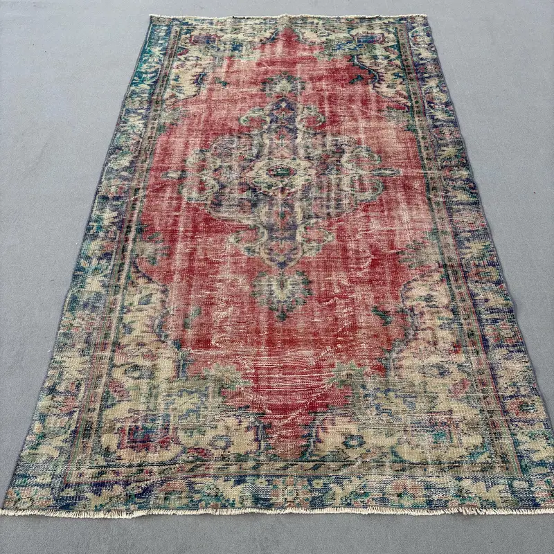 Vintage Rug, Large 5.2x8.7 ft Turkish Rug, Red Patchwork Wool Rug - 1