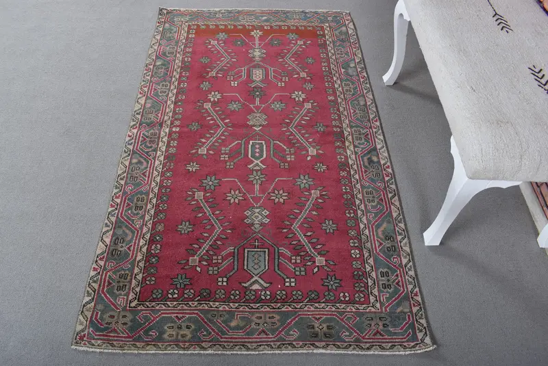 Kırmızı, Yeşil Halı 0,3x5,7 ft, Geometrik Çiçek Desenli