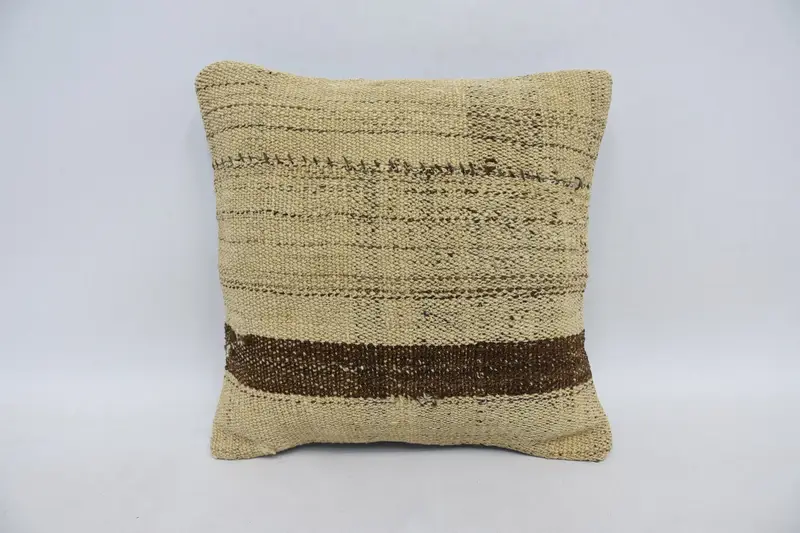 Turkish Wool Beige Pillow Sham, Striped Gift Small Square 14x14 inch Pillow Cover - 1