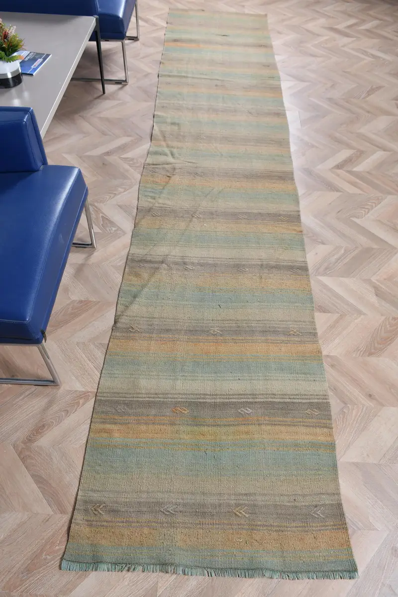 Vintage Türkischer Teppich, 2,5x13 ft Läuferteppich, Grünbrauner Teppich - 1