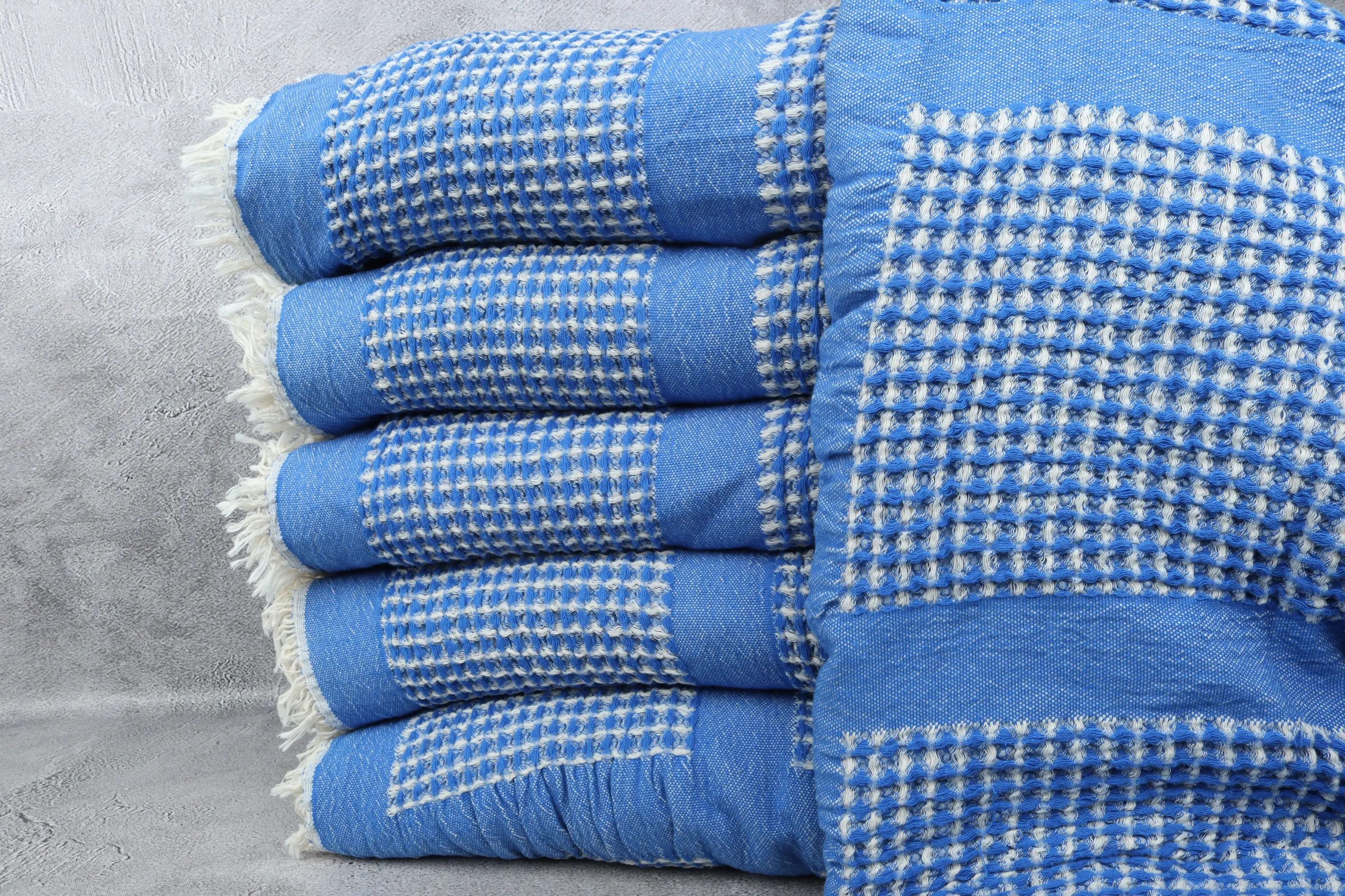 Sax Blue Cotton Waffle Blanket Embroidered Polka Dot, 79x83 Inches - 1